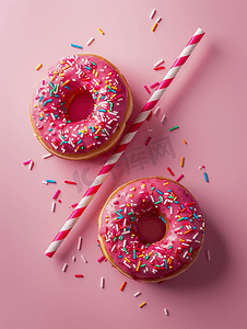 小吃创意摄影照片_粉红色背景上用吸管隔开的两个甜甜圈创意食品概念