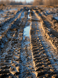 泥泞路上的轮胎痕迹