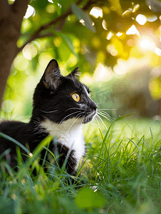 阳光明媚的日子树下草地上一只漂亮的黑白猫眼睛是黄色的