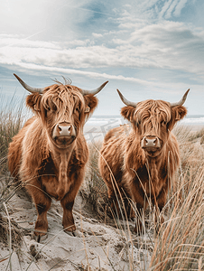 高地牛摄影照片_荷兰瓦瑟纳尔沙丘上的高地牛