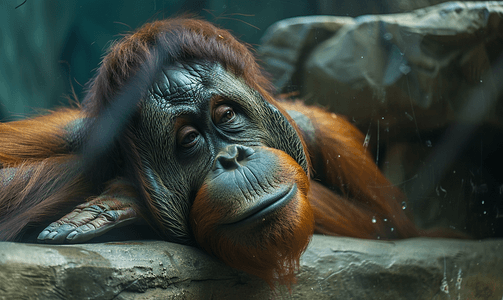 墨西哥动物园的猩猩靠在玻璃上一脸悲伤