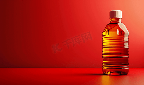 汽车广告设计摄影照片_红色背景中的一瓶发动机油