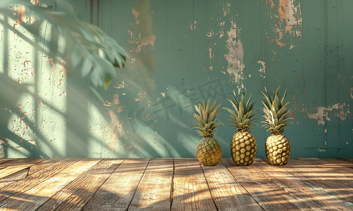 产品展板图摄影照片_旧木板地板绿色菠萝背景免费空间广告水果产品