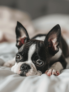 有趣的卧室摄影照片_一只可爱的小波士顿梗犬躺在床上的肖像