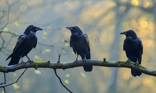 黑色座摄影照片_三只乌鸦坐在树枝上