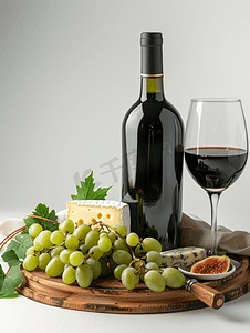 新鲜葡萄摄影照片_一瓶酒配葡萄和奶酪盘