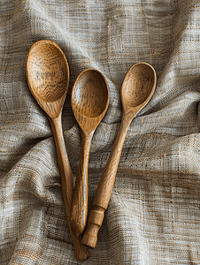 用天然木材在粗麻布织物上制成的木勺作为工艺品
