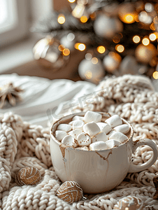 热巧克力配棉花糖和圣诞装饰冬季舒适的家