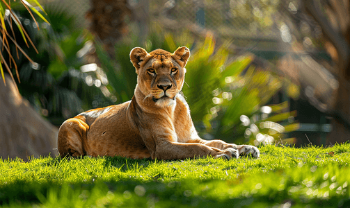 豹狮子座母狮坐在草地上休息墨西哥瓜达拉哈拉动物园