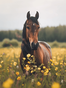 夏季花草甸上美丽的野马种马