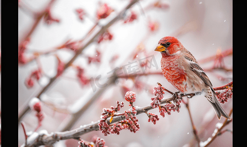 冬天雄性家雀从树枝上摘下芽
