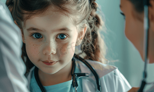 医生给住院的小女孩使用听诊器