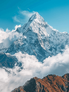 冰川背景摄影照片_喜马拉雅山尼泊尔山云中的山冬季景观