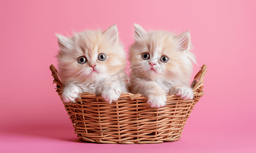 柳条gif摄影照片_粉红色背景中两只奶油色的异国波斯小猫坐在柳条篮里