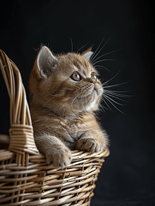 一只异国短毛猫品种的小猫坐在深色背景的柳条篮里