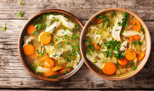 传统鸡汤配面条和胡萝卜盛在碗中背景为木质