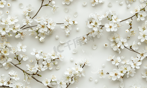樱桃图案摄影照片_白色春天樱花树盛开的花朵图案