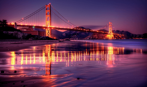 海洋风门头摄影照片_美国旧金山著名的金门大桥夜晚美丽的旧金山