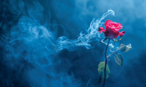 奢华蓝色摄影照片_蓝色烟雾和蓝色背景上一朵美丽的红玫瑰
