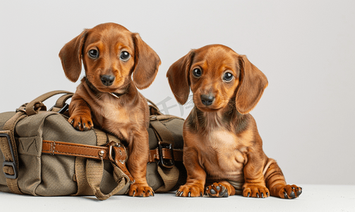 小家电组合摄影照片_两只大理石色的可爱小腊肠犬小狗坐在一起带着子弹带和弹药筒