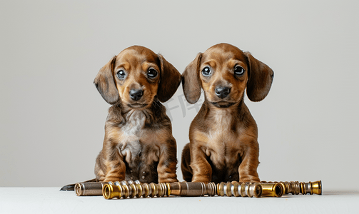 两只大理石色的可爱小腊肠犬小狗坐在一起带着子弹带和弹药筒