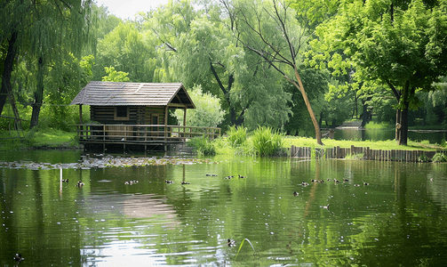 梅利托波尔高尔基公园高山滑梯背景上带鸟舍的池塘