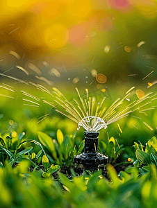 草坪浇水摄影照片_自动草坪喷头浇水草坪花园灌溉系统