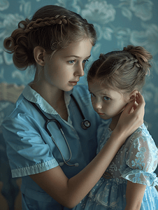 女孩子们摄影照片_一个女儿科医生 看着一个小女孩的耳朵