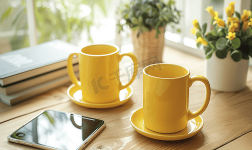 黄色企业摄影照片_屋内木桌上的黄色咖啡杯电话和书籍