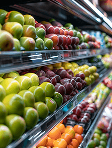 水果货架摄影照片_杂货店新鲜水果和蔬菜货架模糊背景