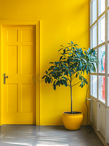 乐趣设计摄影照片_带黄色后墙漆的房屋内部