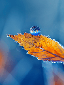 雨天自然摄影照片_秋季蓝色背景雨天草叶上的水滴