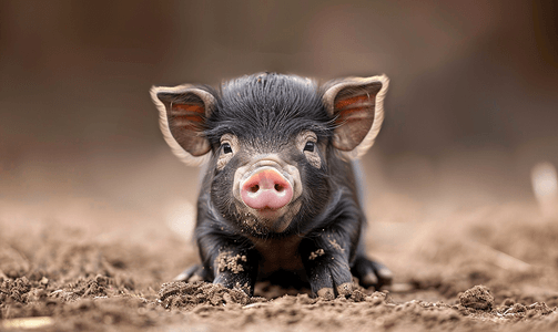 猪鼻子摄影照片_鼻子上沾满泥土的可爱黑色小猪