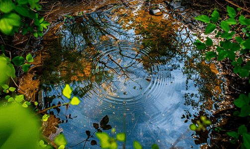 春天的水坑水面上的圆圈雨后的水面