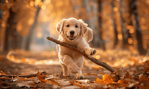 秋季动物摄影照片_秋天树林里的狗狗在玩树枝