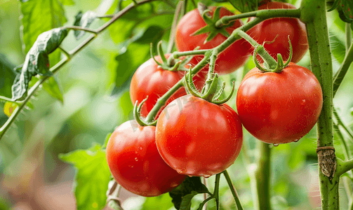 ui作品模板摄影照片_有机花园中生长的藤蔓植物上挂着新鲜的红熟西红柿