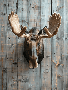 麋鹿背景摄影照片_在木墙壁上的特写镜头角驼鹿