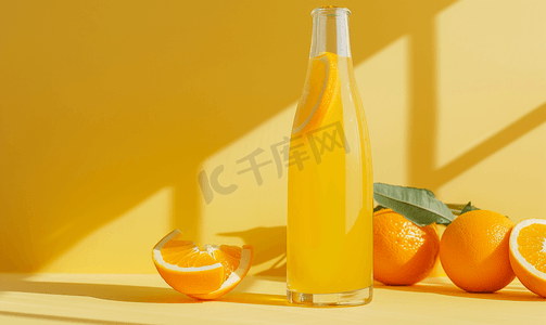 玻璃杯中的天然橙汁侧面有瓶子