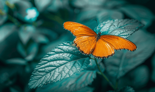 昆虫叶子摄影照片_叶子上的橙色蝴蝶