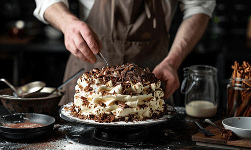 巧克力奶酪摄影照片_在深色背景上制作甜点提拉米苏蛋糕