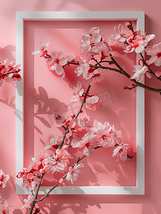 粉红色背景上带花朵的白色框架平躺复制空间