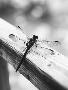 蜻蜓在木栏杆上张开翅膀黑白相间