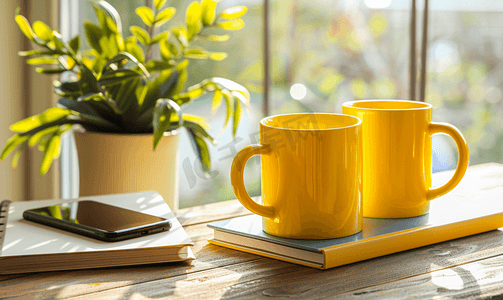 每天干饭人摄影照片_屋内木桌上的黄色咖啡杯电话和书籍