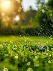雾化喷头摄影照片_自动草坪喷头浇水草坪花园灌溉系统