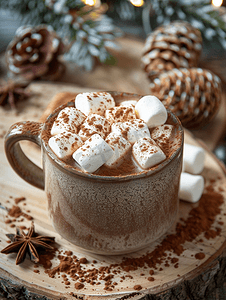 棕色的圣诞背景摄影照片_木质背景下的甜热可可和棉花糖冬季圣诞饮料
