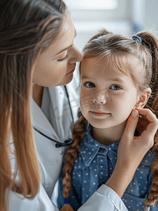 一个女儿科医生 看着一个小女孩的耳朵