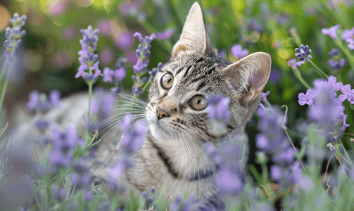 花猫摄影照片_猫和薰衣草花背景