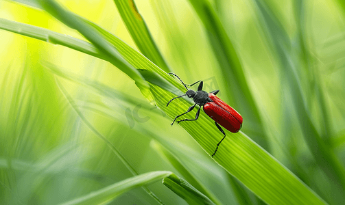 昆虫叶子摄影照片_草叶上的红黑条纹虫