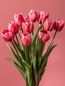 绿色明信片卡片摄影照片_粉红色的花束深红色的郁金香花在春天盛开粉红色的孤立