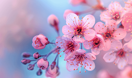 盛开的樱花枝微距柔和的天空柔和聚焦